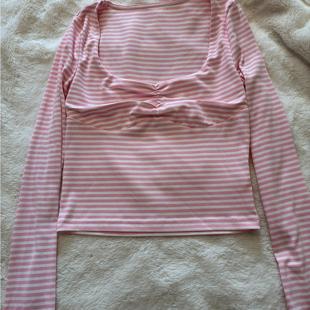 SHEIN Pink and White Striped Long Sleeve Top